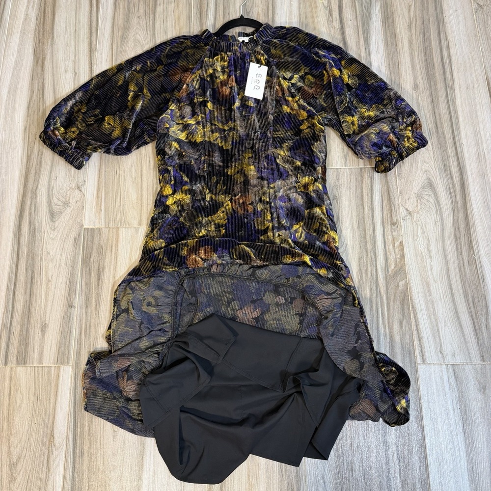 NWT Sea New York Dress Dogwood Dropped Shoulder Velvet Midi 6 Dark Floral Fall - Picture 6 of 13
